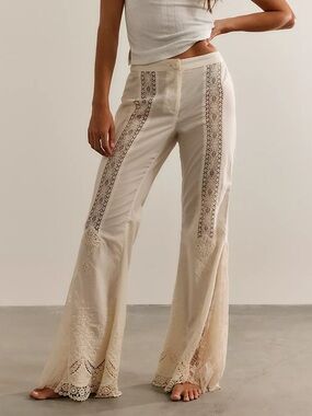 Free People Aliyah Lace Flare Pants in Ivory Cream NWT